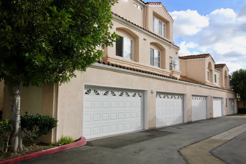 A Spanish architecture residential complex at Yorkshire Townhomes, in Garden Grove, California.