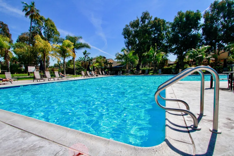 THE SWIMMING POOL WITH THE CHAIRS AND MORE TREES ARE SURROUNDING AND THE SUN REFLECTS THE HEAT AT THE SWIMMING POOL WATER AT THE MORNING TIME