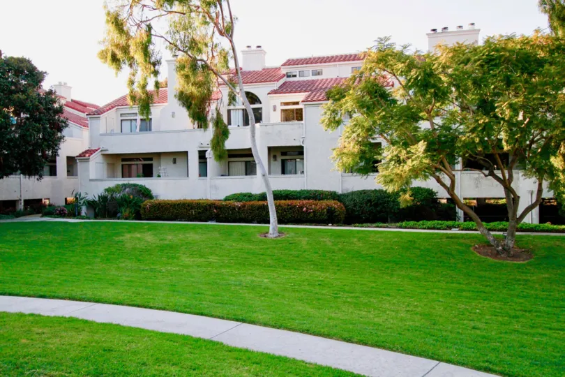 A very beautiful place in the Cabo Del Mar with a building, big trees, ornamental plants and green grass.