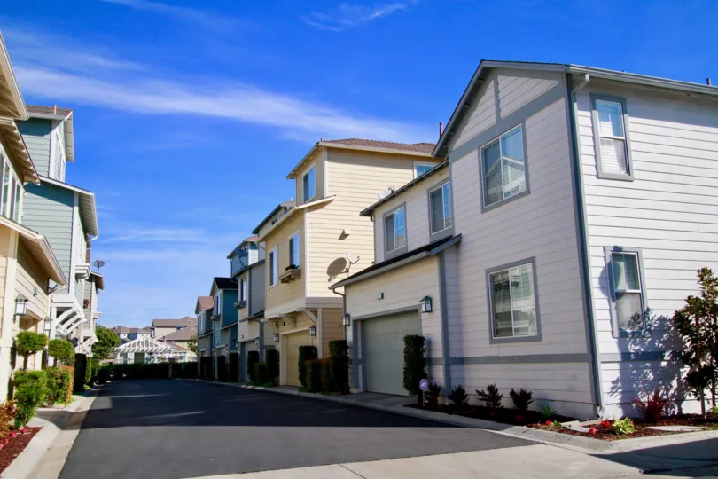 Beautiful blue sky with road point near villas in Cape Ann of Huntington Beach