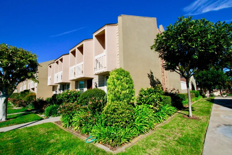 Green Coloured lawn and trees near Villas in Christiana Bay of Huntington Beach