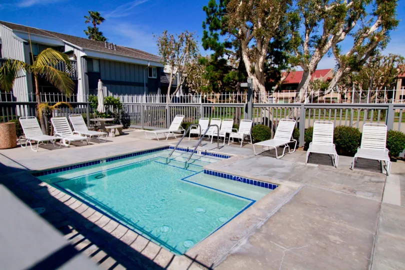 Harbour Pacific pool with deck chairs and a fence on a sunny day.