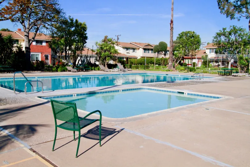 Huntington Bay Huntington Beach California tiny houses at distance with double pools