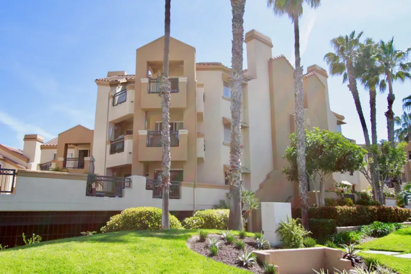 Fabulous long palm trees with lawn near Apartments in Huntington Bayshore of Huntington Beach