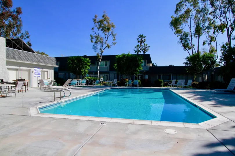 Mariners Cove West pool with deck chairs and trees around it.