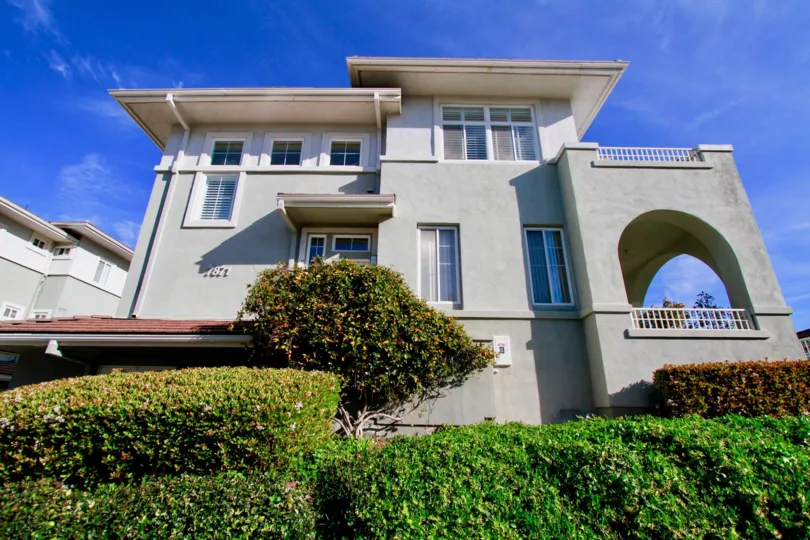 Pacific Park Villas building with bushes and a tree on a sunny day.
