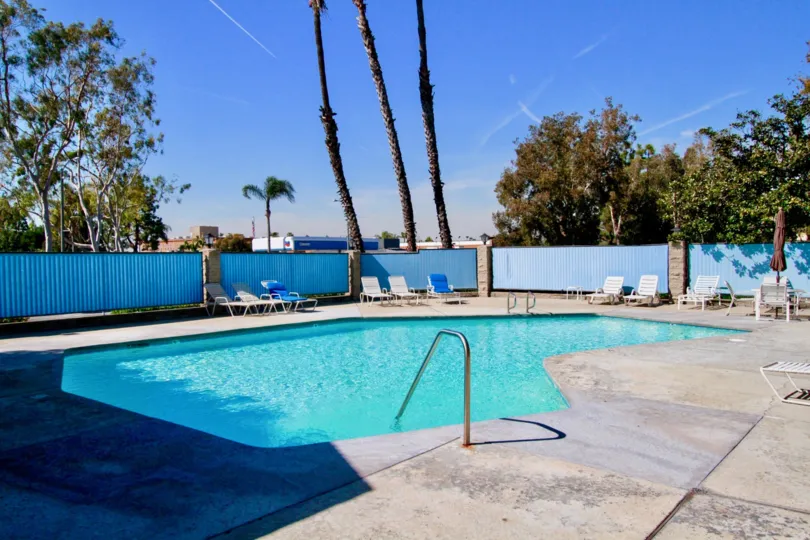 A SWIMMING POOL ALONE AND SOME SITTING PLACES ALSO NEAR TO THE POOL AND THE ENTRANCE GATE LOOKS LIKE BLUE COLOUR AND SOME TREES ALSO SURROUNDING THE POOL AT THE MORNING TIME.