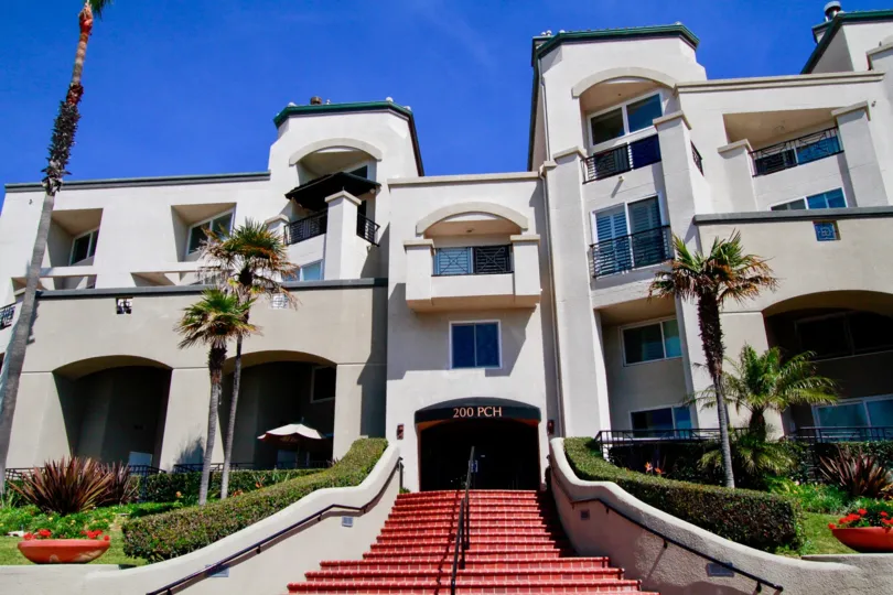Sidewalk to Pier Colony with steps and palm trees on either side.