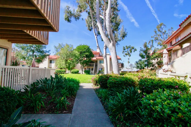 Overall view of garden and trees near villas in Pierpointe of Huntington Beach