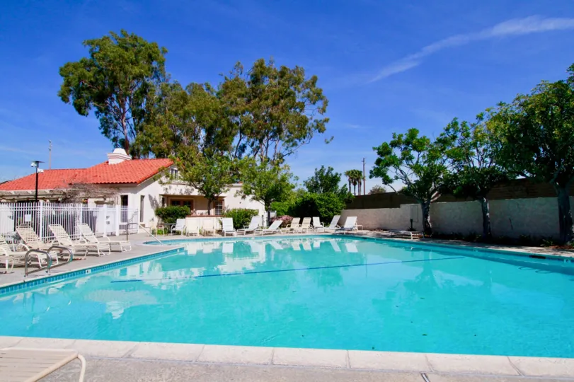 A sunnyday in the Pierpointe with swimming pool, chairs. trees and fencings.