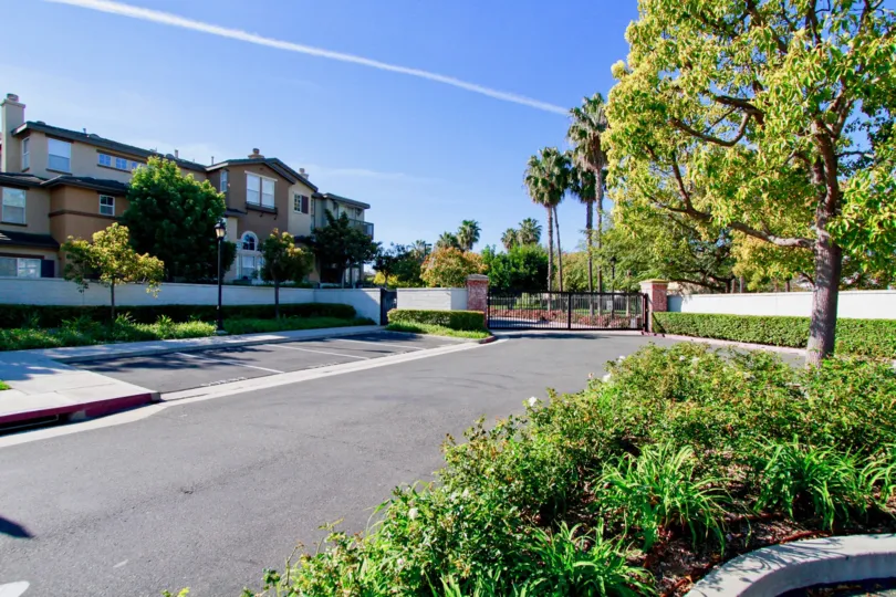 Entrance to the Promenade community with a gate and palm trees.