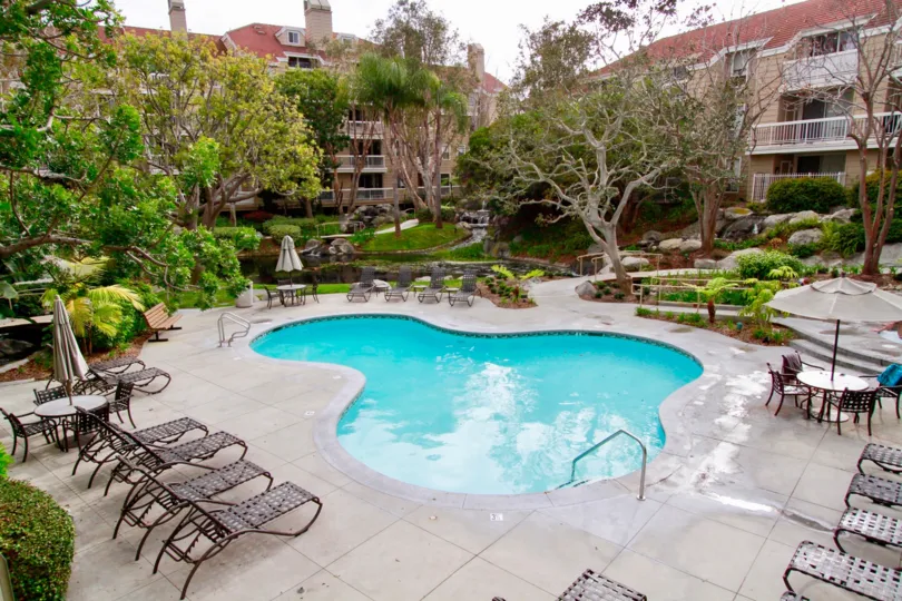 THE HOUSES LOCATED AT THE BACKSIDE OF THE TREES AND A SWIMMING POOL ALSO WITH SITTING CHAIRS NEAR TO THE TREES