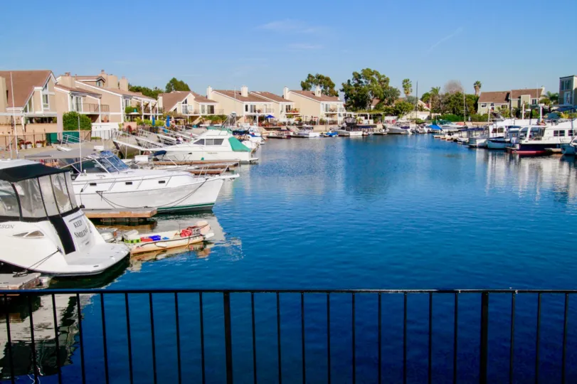 Boats in water in Seagate Community, Huntington Beach, California