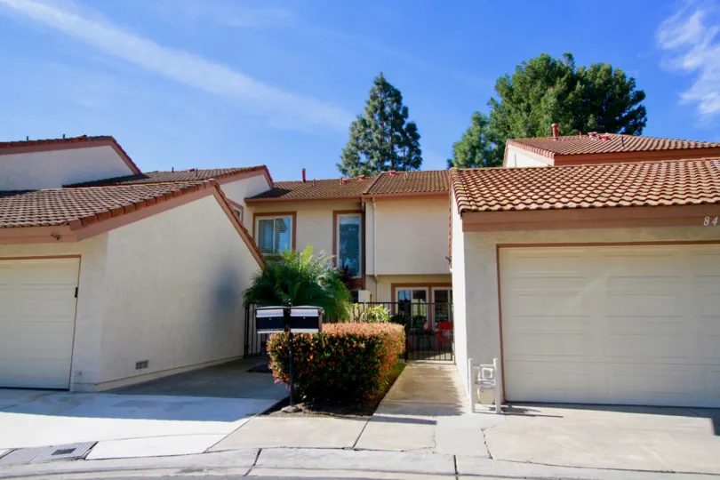 Two Springhurst homes with garages and a bush in the middle.