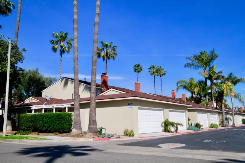 Surfside homes with a street and palm trees on a sunny day.