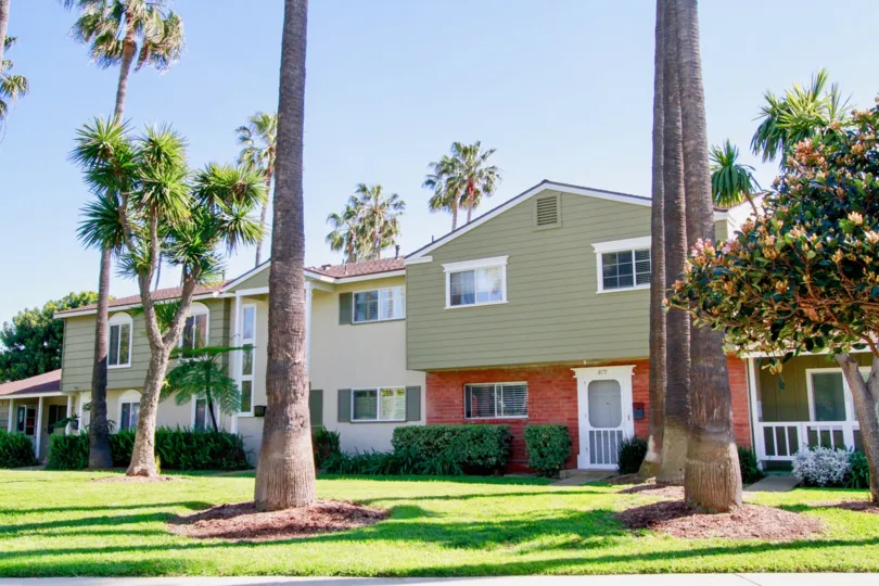 Houses and tress in the Surfside community of Huntington Beach, California.