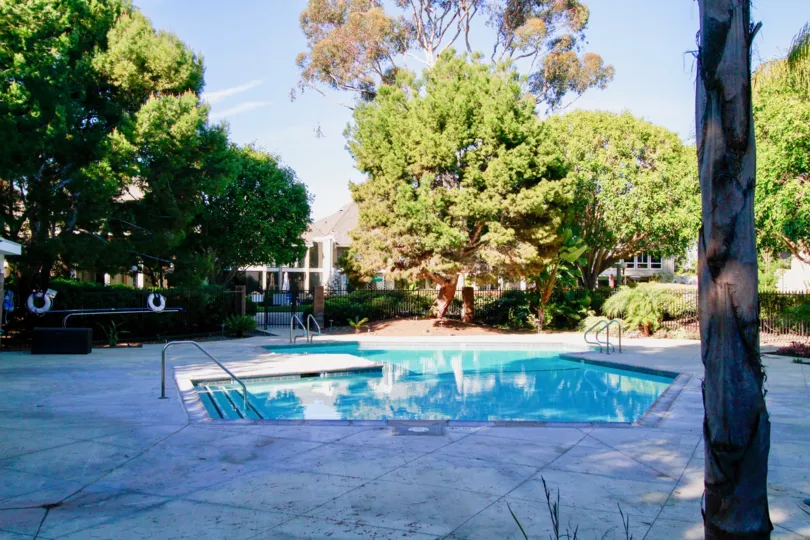 Tennis Estates pool with trees and a fence surrounding it on a sunny day.