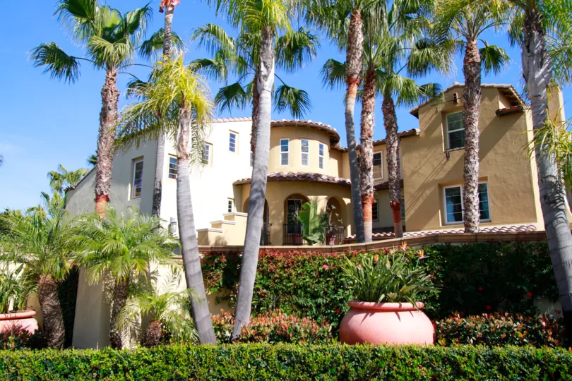 A tan-yellow stucco building surrounded by palm tree and shrub landscaping with a pink pot of flowers.