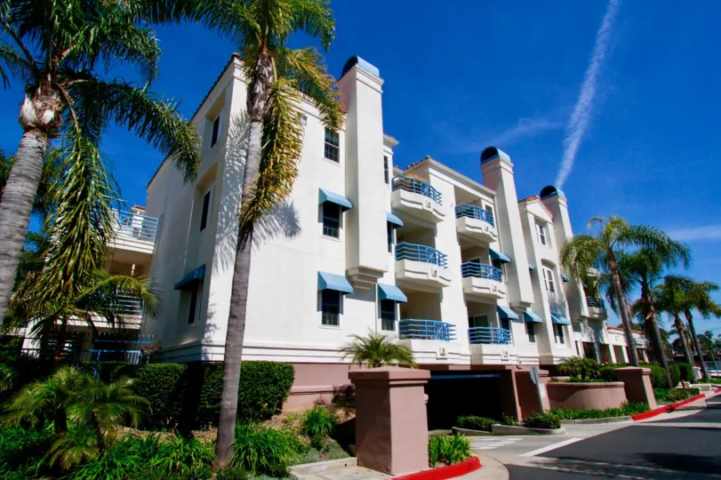 Townsquare Condos building with balconies and palm trees on a sunny day.
