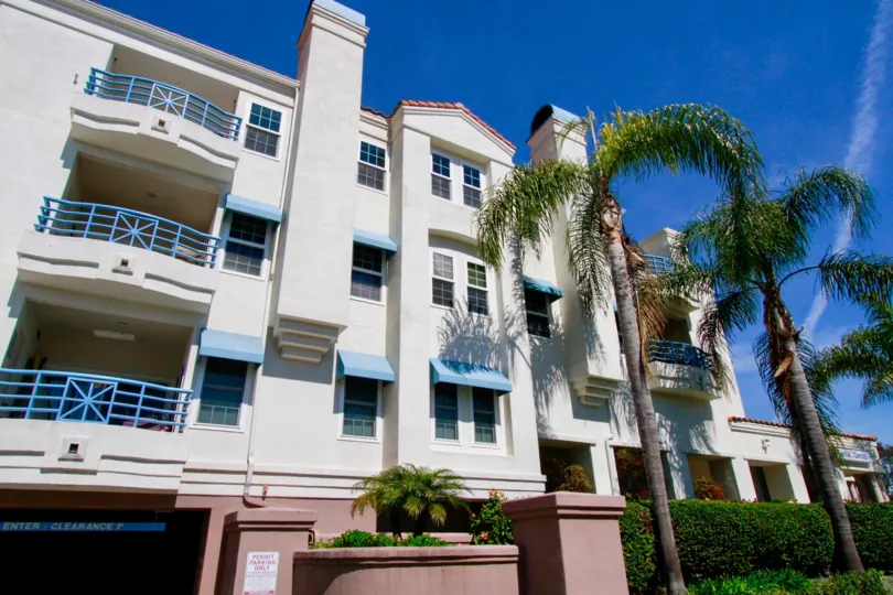 Townsquare Condos building with balconies and palm trees on a sunny day.