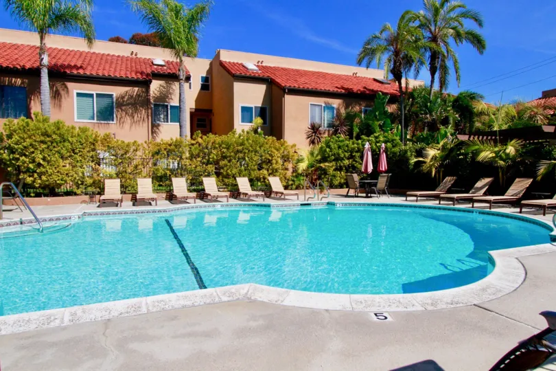 A SWIMMING POOL NOT IN ROUND SHAPE AND SOME HOUSES NEAR TO THE POOL SOME SITTING CHAIR ALSO AVAILABLE AT THE LEFT SIDE OF THE POOL