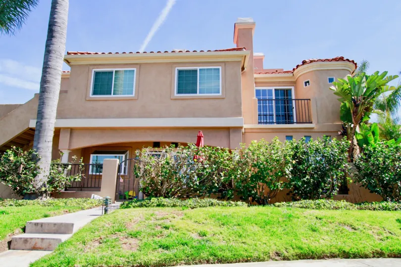 Front lawn and entrance to a local home in the Villas Del Mar, located in Huntington Beach, CA