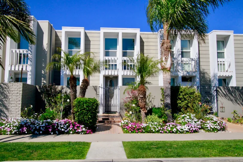 The apartment in the Weatherly Bay with lawn, trees, plants and row houses.