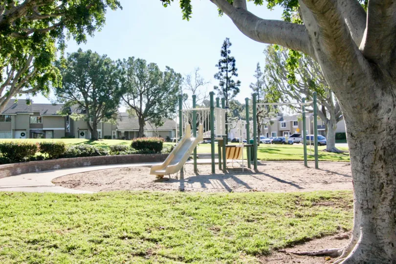 In Sunny day of Children's park in Heritage park has slider with trees and meadows