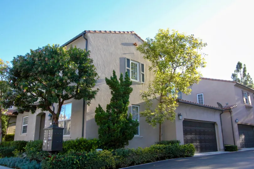 The sun is shinning on a tall tree on the side of a house in the Mericort community of Irvine, CA.