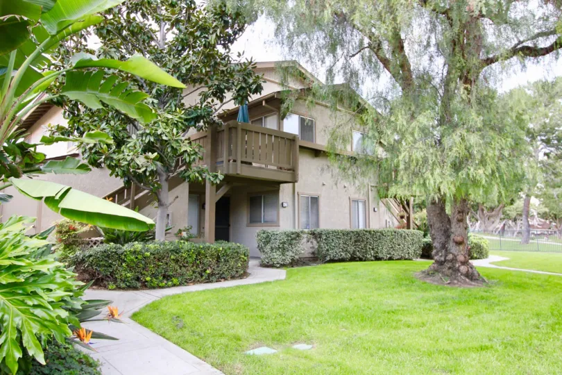 Awesome view of lawn and trees in Front of a villa in Park Vista of Irvine