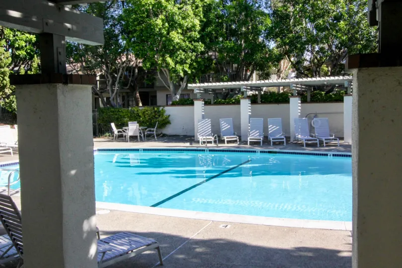 a warm day in the rancho san joaquin town homes with a park that has swiming pool and trees on back side
