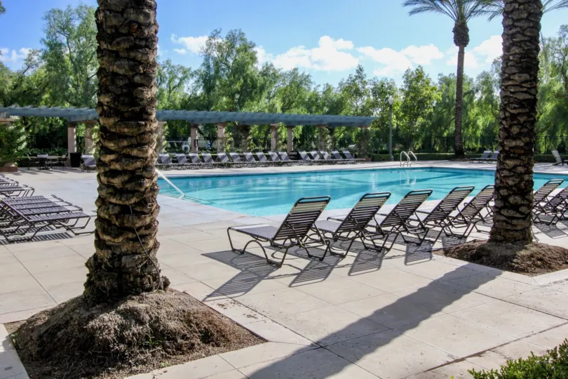 A view of the pool and lounge chairs and trees in the San Simeon community in Irvine, CA