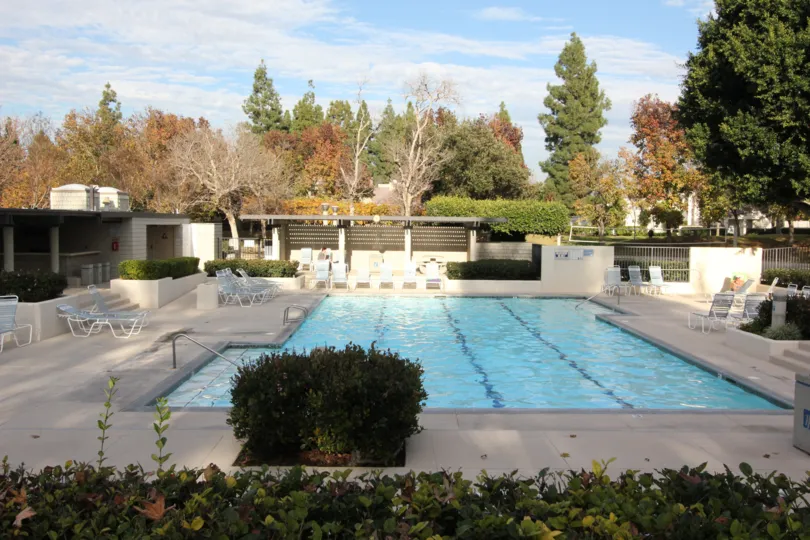 A large swimming pool surrounded by seating at Seaport in Irvine CA