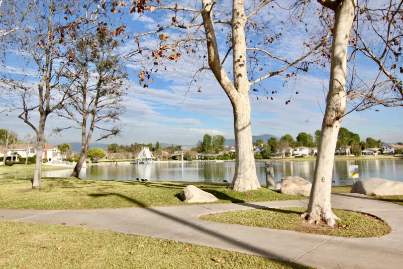 Seaport community paths on a bright day overlooking pond and trees in Irvine CA