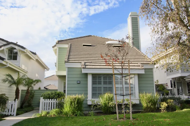 a green home in Seaport with a newly planted tree and green lawn
