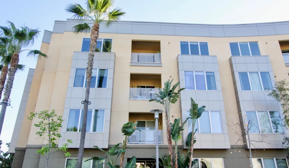 A sunny day in The Belvedere, with a large building with large windows and balconies. Palm trees surround the building.