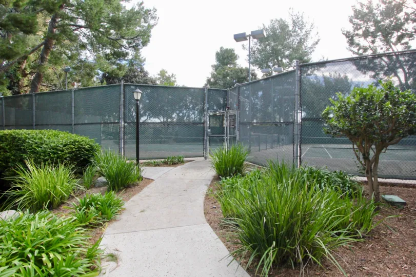 Two beautiful Tennis court in the The Lakes with some trees, shrubs and foot path.