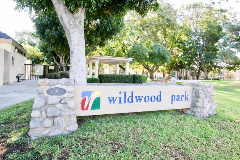 The Wildwood park with a children's playground in the background and trees