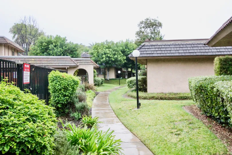 Gated Pool and walk area of Fashion Walk in La Habra, California