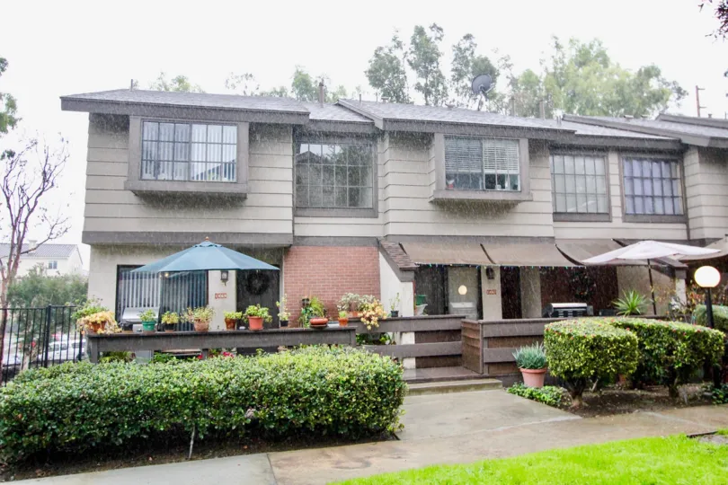 A rainy day in the La Habra Woods with an old building.