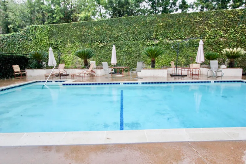 Back to the Swimming pool in La Habra Woods Townhomes is covered with dense bushes like a wall
