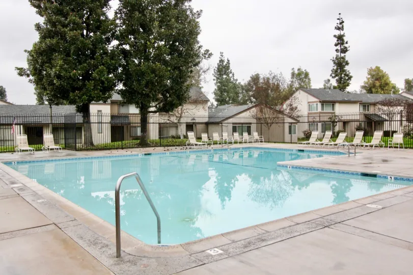 THE SWIMMING POOL WITH LOT OF CHAIRS, SURROUNDED BY PLANTS AND TREES IN LA HABRA CITY
