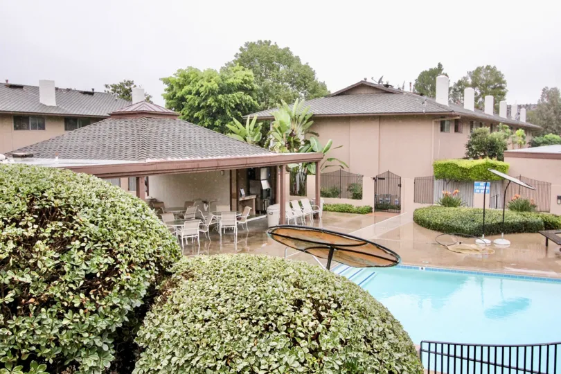 An elevated view of the common pool area at the Woodridge Townhouse