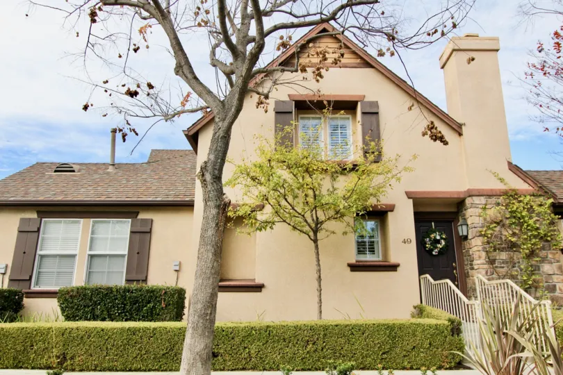 A few brown leafs hang from a tree in front of a townhome at the Three Vines community