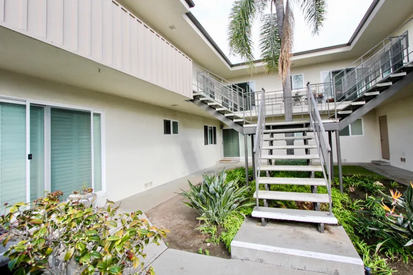 An open courtyard with interconnecting staircase in the Crown Point neighborhood.