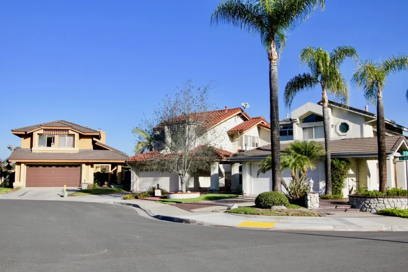 Blue skies, three large houses and three palm threes