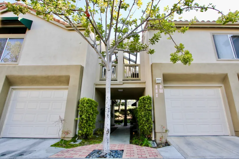A bright day in the palm court condos in Laguna Niguel California, with bright green plants.