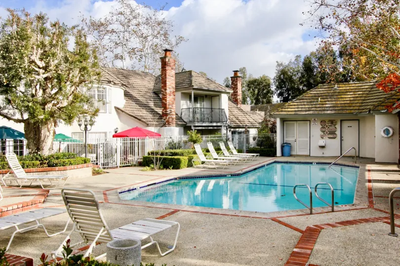 A sunny day at poolside in Villa De Cerise community located in Laguna Niguel, California