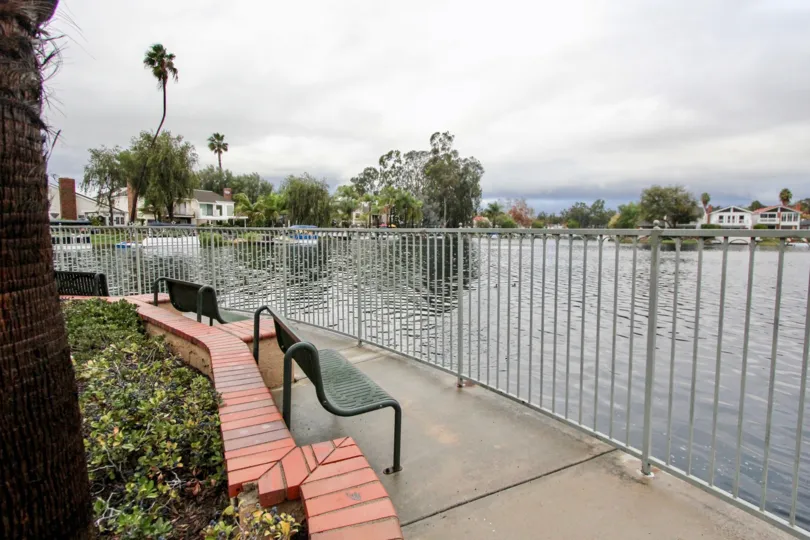 Stunning view of a lake with iron benches and iron fencing around it in Lake Forest Shores.