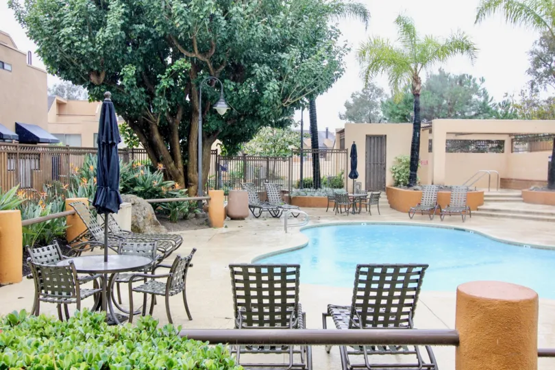 Trees and pool at Le Parc in Lake Forest, CA
